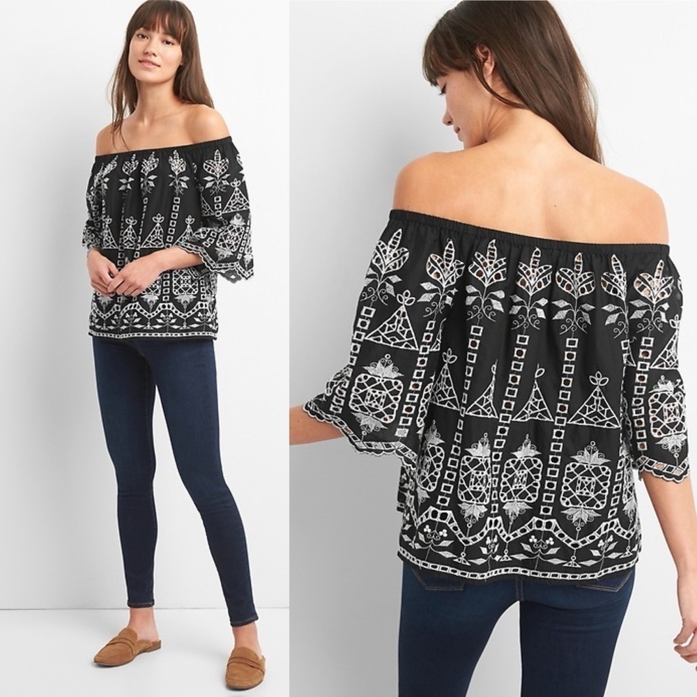 Gap Black Off-shoulder Embroidery Cutwork Top Sz M